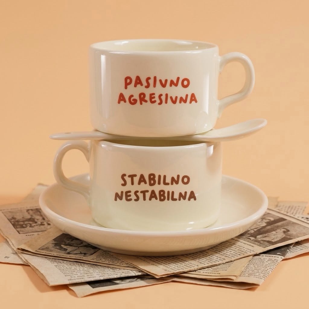 Dve bele šolje sa tacnama, natpisi Pasivno agresivna i Stabilno nestabilna